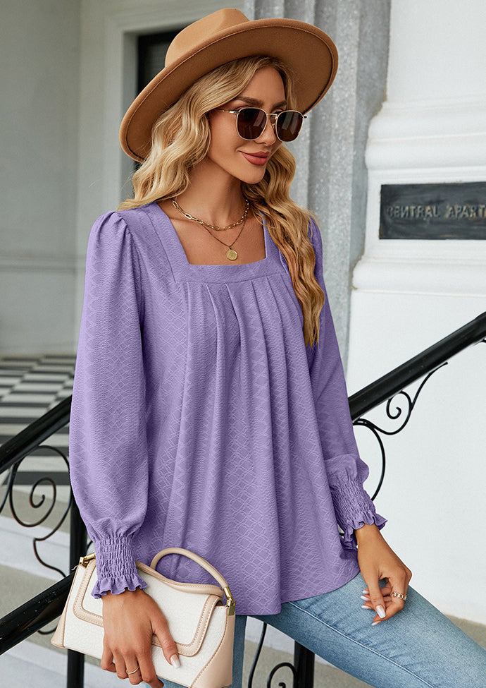 Jacquard Pleated U Neck Casual Blouse