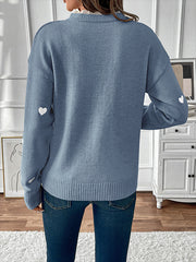 V Neck Lace Splicing Heart Jacquard Sweater