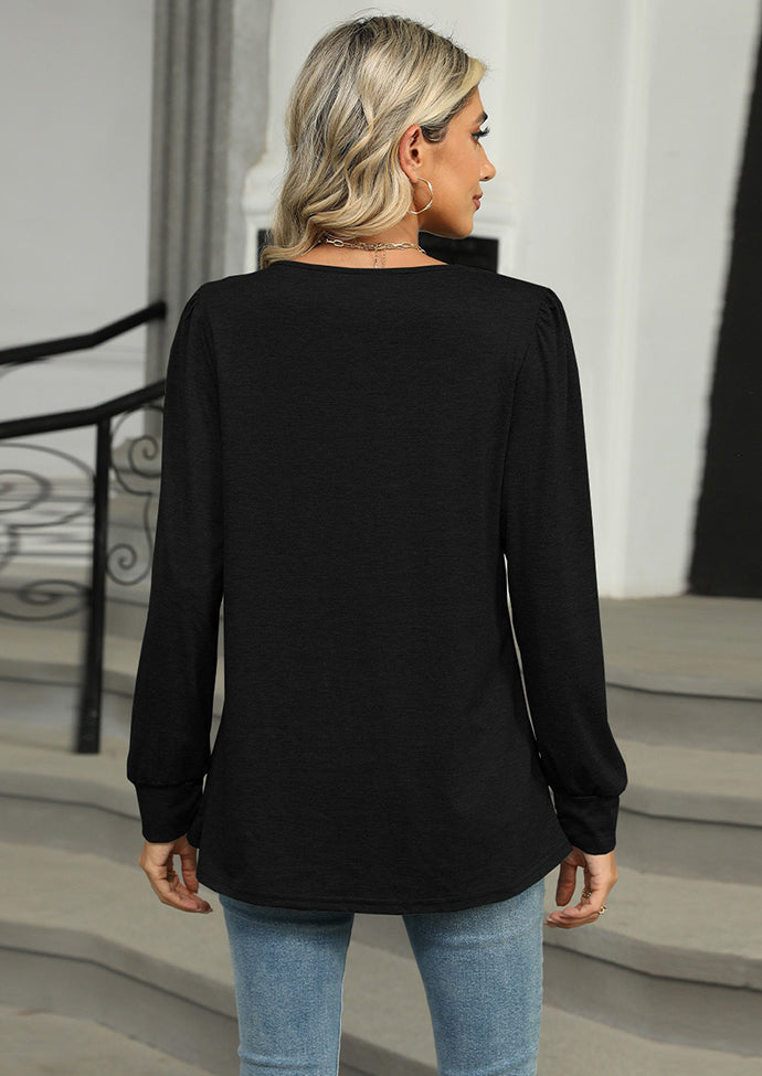 Solid Pleated Long Sleeve Casual T-shirt