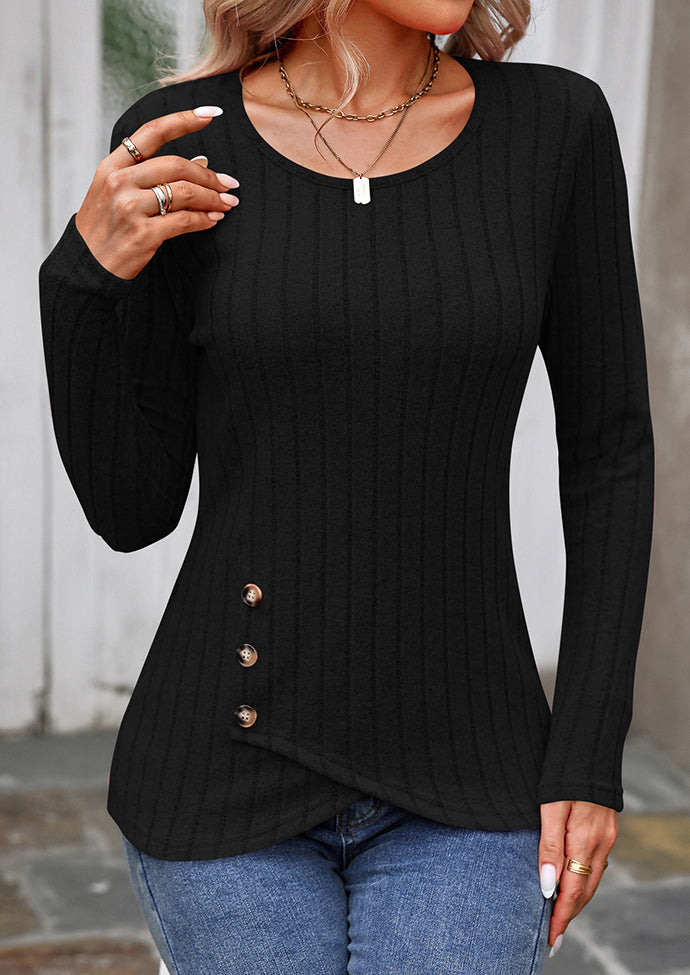 Crossed Hem Button Detail Textured Casual T-shirt