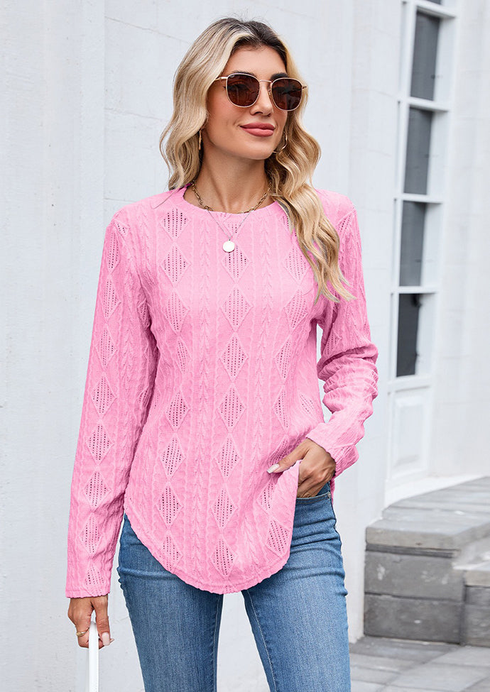 Textured Button Detail Crew Neck Casual T-shirt