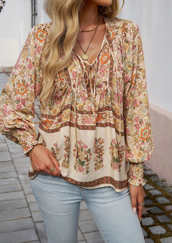 Tie Detail Smocked Cuff Boho Blouse