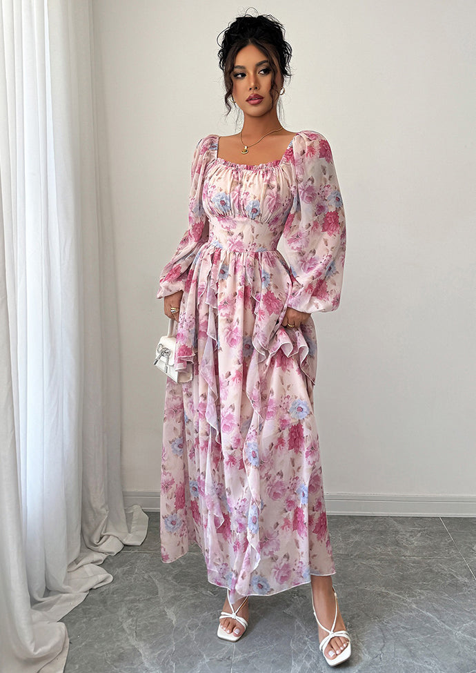 Floral Print Ruffled Long Sleeve Dress