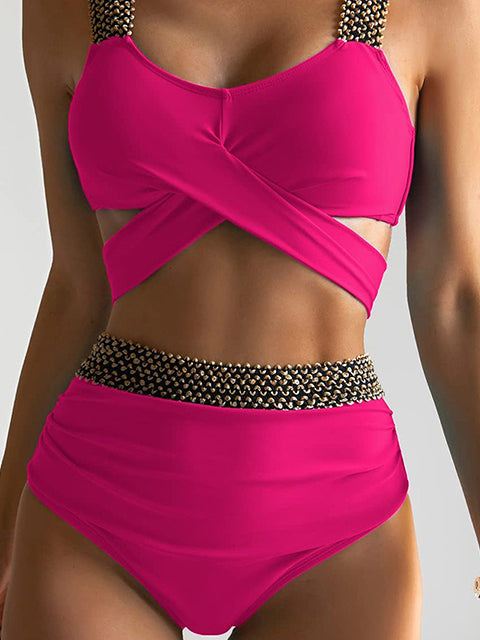 Solid Patchwork Crossed Bikini Sets