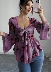 Floral Print Tie Bow Long Sleeve Top