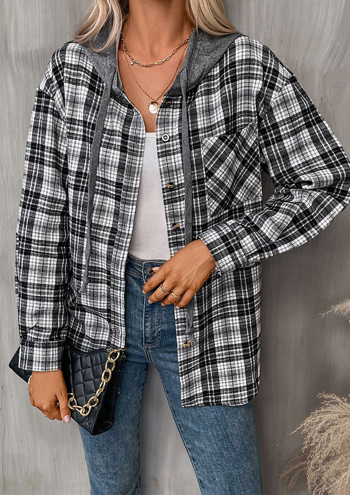 Hooded Pocket Detail Button Up Plaid Shirt