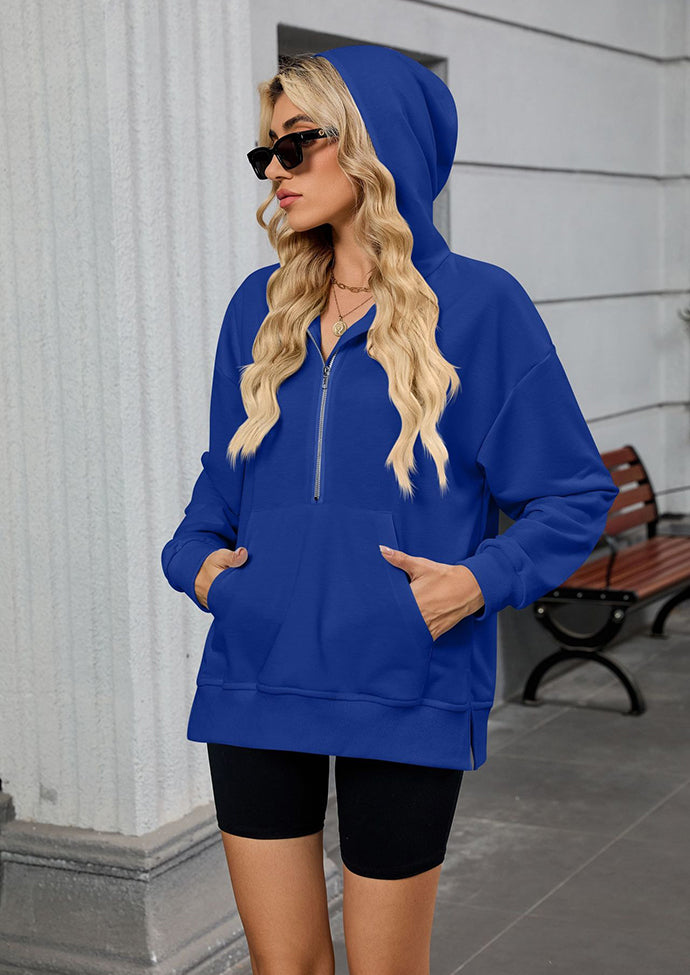 Half Zip Size Split Hoodie with Front Pocket