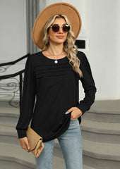 Solid Pleated Long Sleeve Casual T-shirt