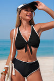 Halter Tie-front Shell-Embroidered Trim Bikini Black - Swimwear from Cindelily
