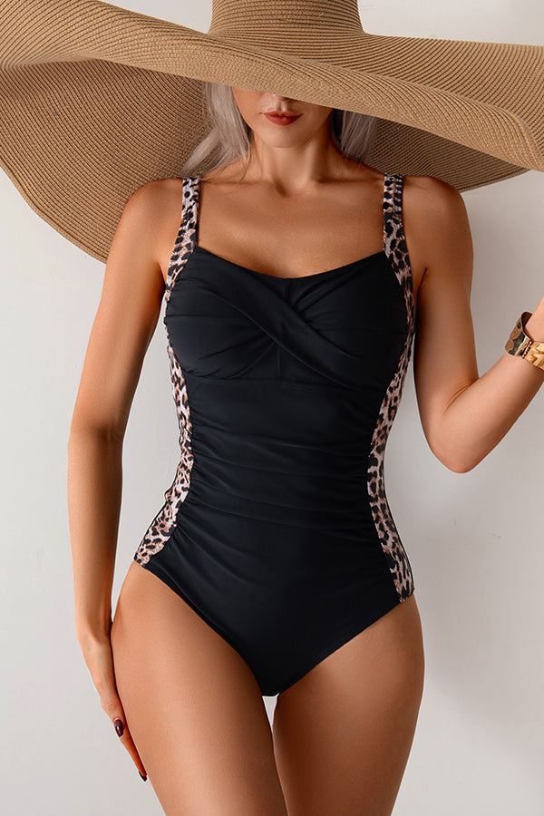 Black & Leopard Wrap Front One-Piece Swimsuit - Swimwear from Cindelily