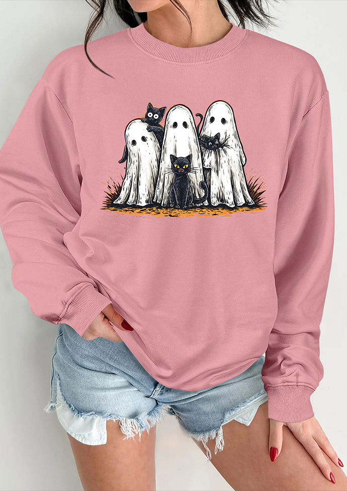Spooky Cat Print Crew Neck Sweatshirt