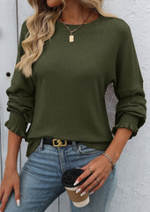 Textured Smocked Cuff Crew Neck Casual T-shirt