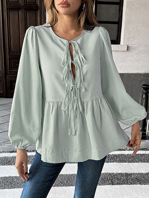 Bow Knotted Long Sleeve Stripe Blouse