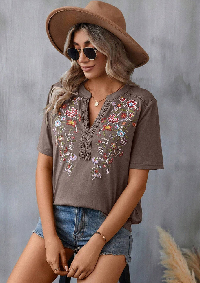 Embroidery Lace Inset V Neck T-shirt