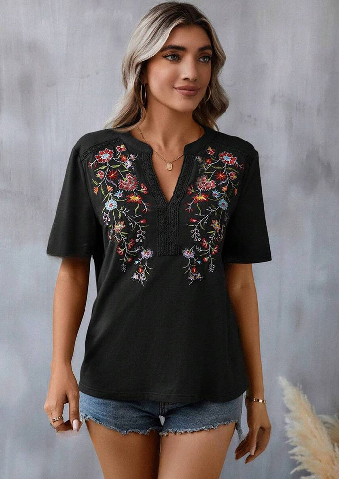 Embroidery Lace Inset V Neck T-shirt