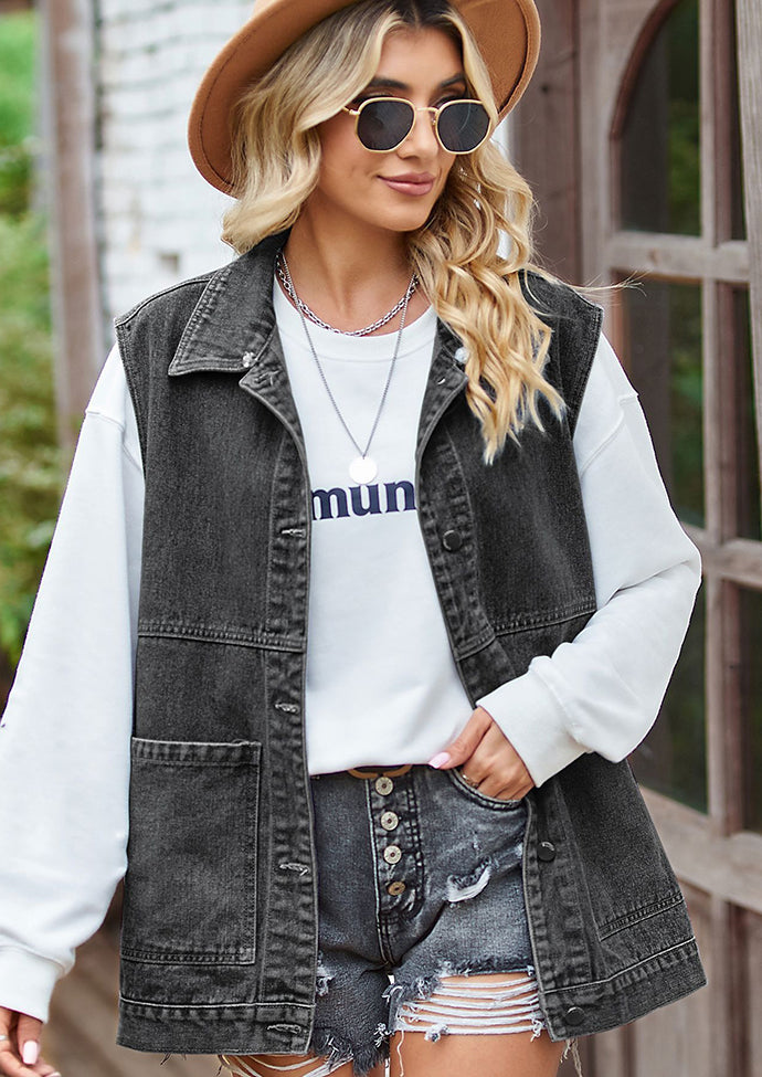 Washed Denim Button Up Casual Vest