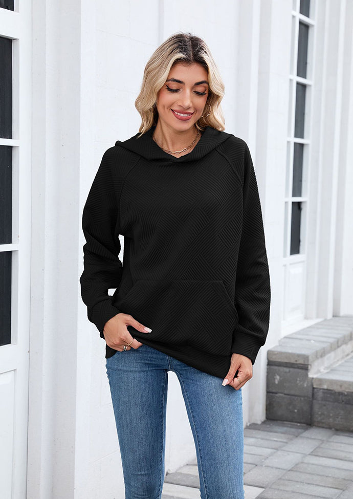 Textured Hooded Casual Sweatshirt with Front Pocket