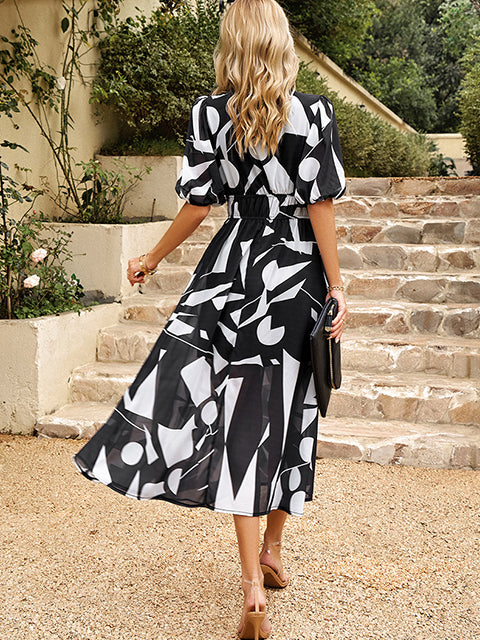 Floral Smocked Waist V Neck Chiffon Maix Dress