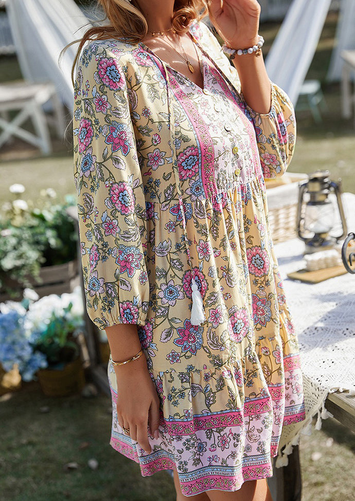 Button Detail Print Boho Mini Dress