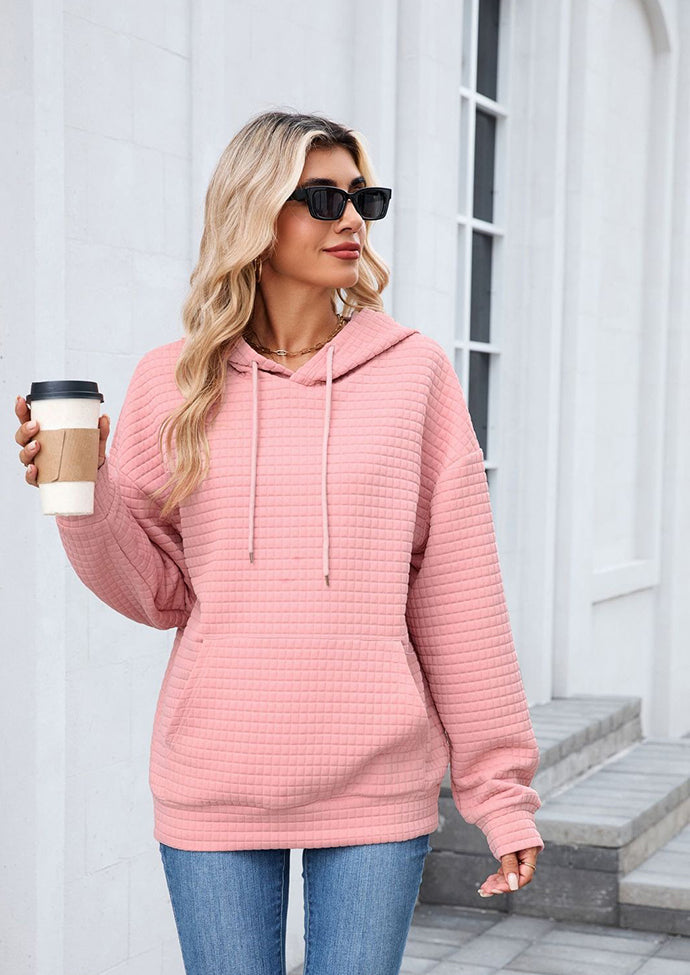 Textured Tie Front Pocket Detail Casual Hoodie