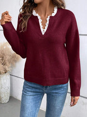 Lace Splicing V-Neck Knitted Sweater