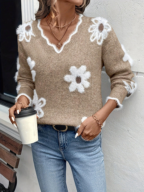 Floral Jacquard Knit V-neck Sweater