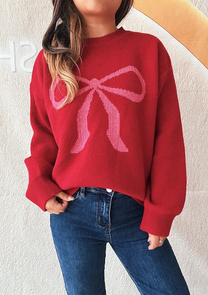 Crew Neck Pattern Bow Knitted Sweater