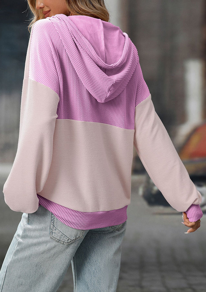 Color Block Tie Detail Button Up Hooded Sweatshirt