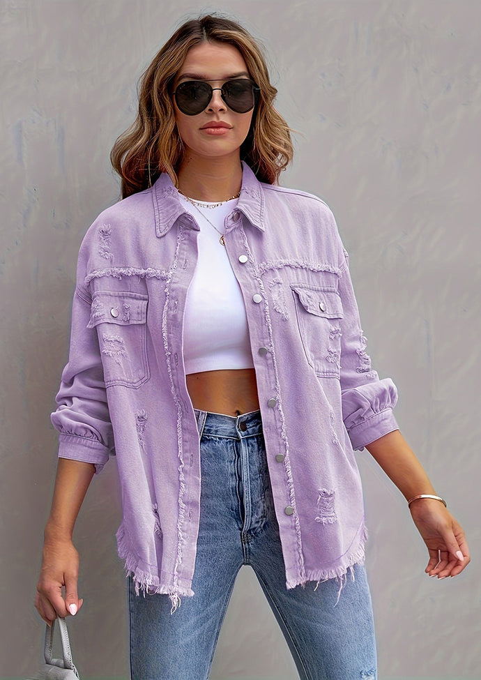 Raw Hem Distressed Button Up Denim Jacket