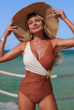Wrap-Front One-Piece Swimsuit with Starfish Accent Camel - Swimwear from Cindelily