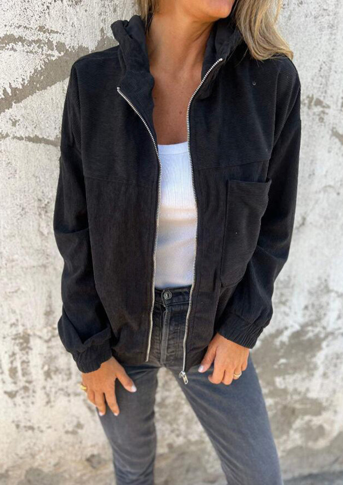 Corduroy Hooded Zip Up Casual Jacket
