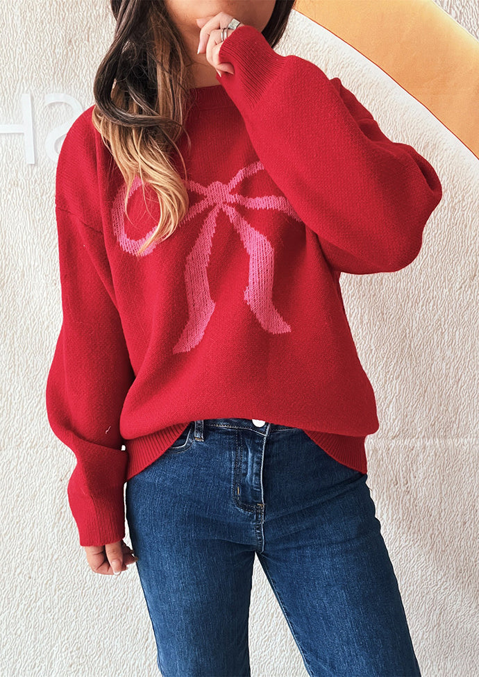 Crew Neck Pattern Bow Knitted Sweater