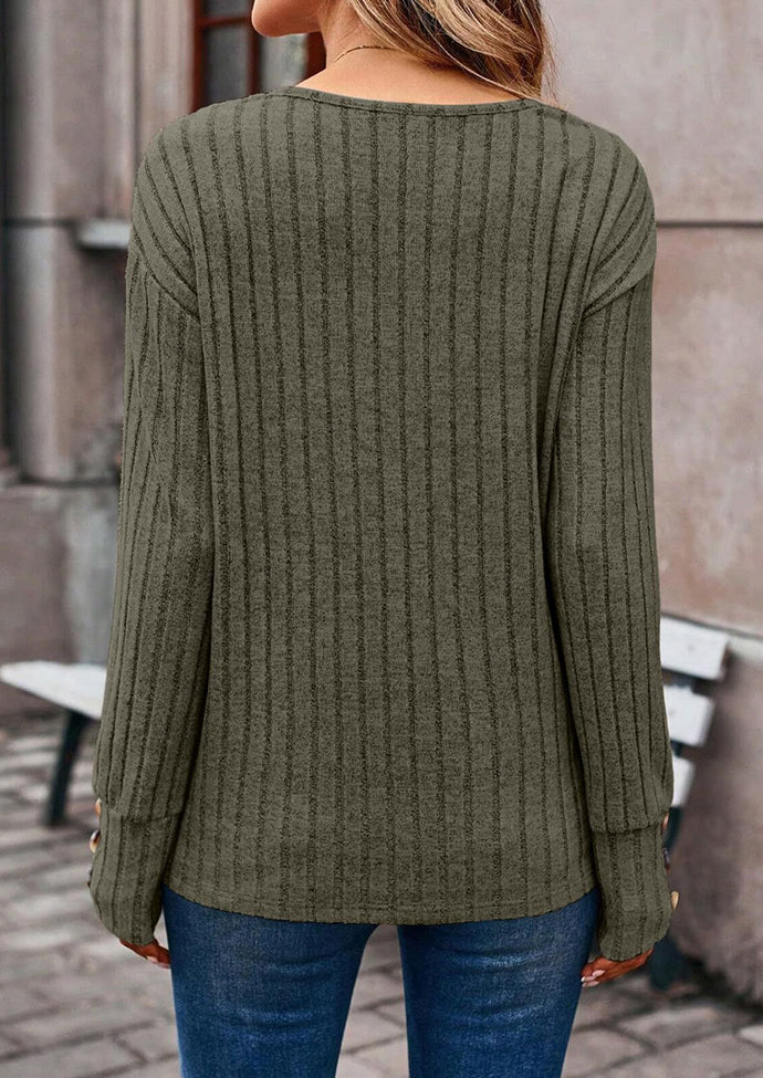 V Neck Button Detail Textued Casual T-shirt