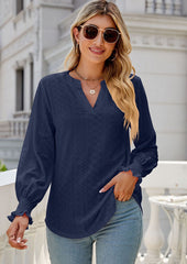 Jacquard V Neck Smocked Cuff Blouse