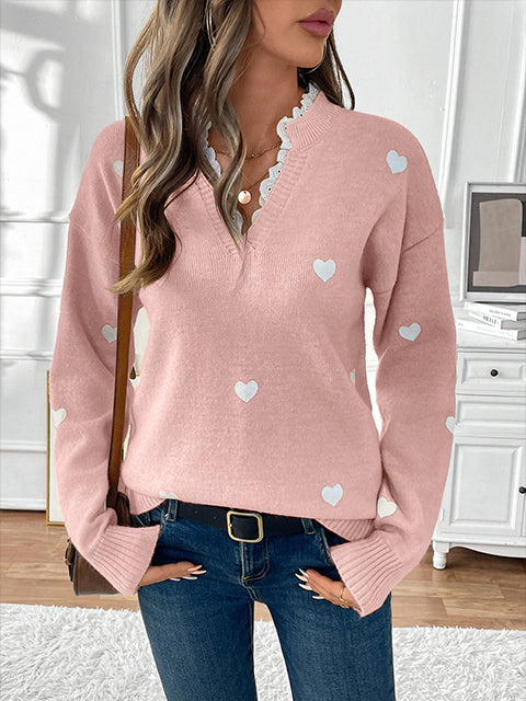 V Neck Lace Splicing Heart Jacquard Sweater