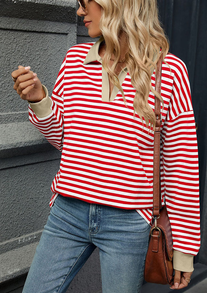 Stripe Color Block V Neck Casual Top