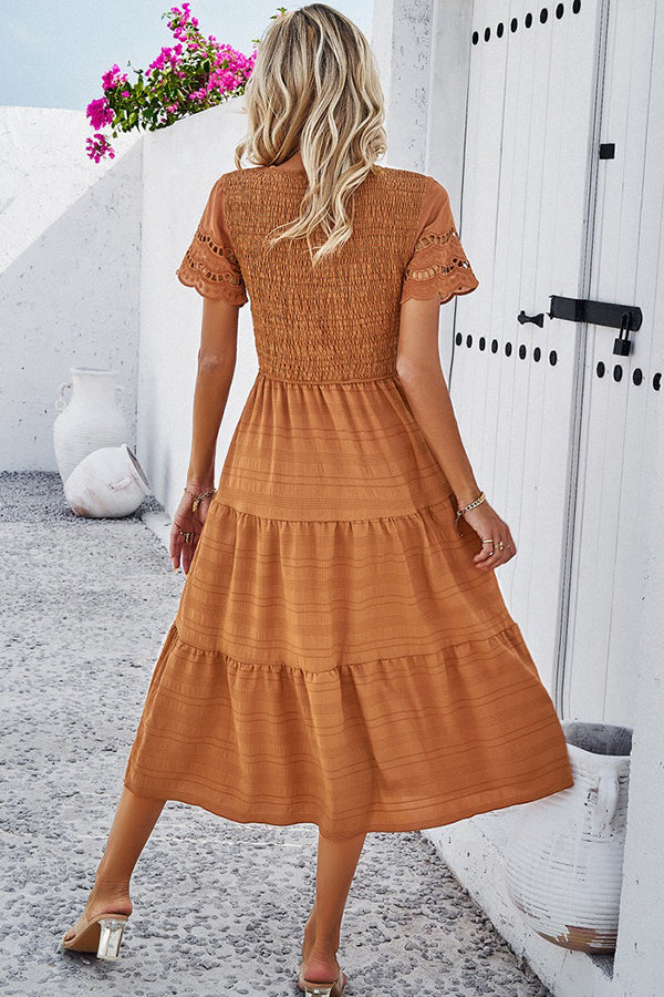 Camel Smocked Tiered Midi Dress - Dresses from Cindelily