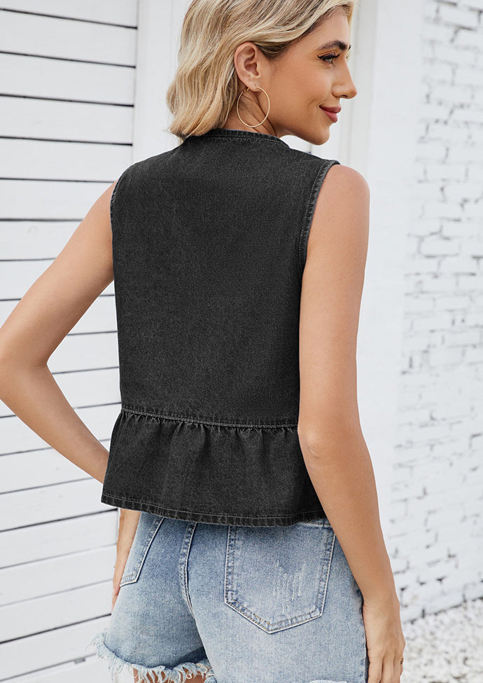 Ruffle Hem Tie Front Denim Vest Top