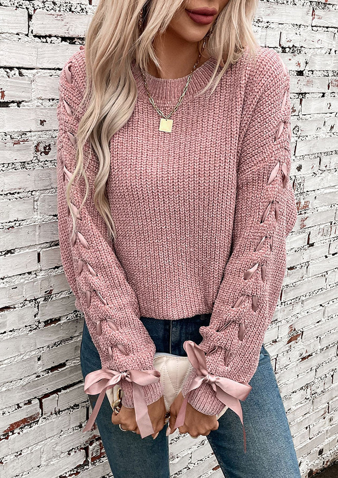 Lace Up Bow Tie Knitted Sweater