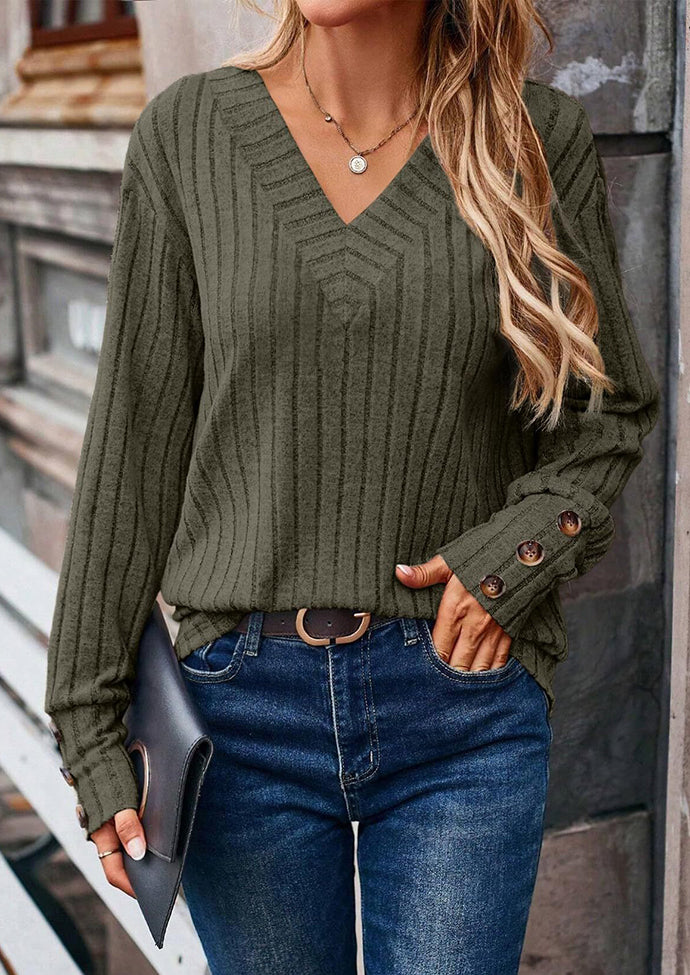 V Neck Button Detail Textued Casual T-shirt