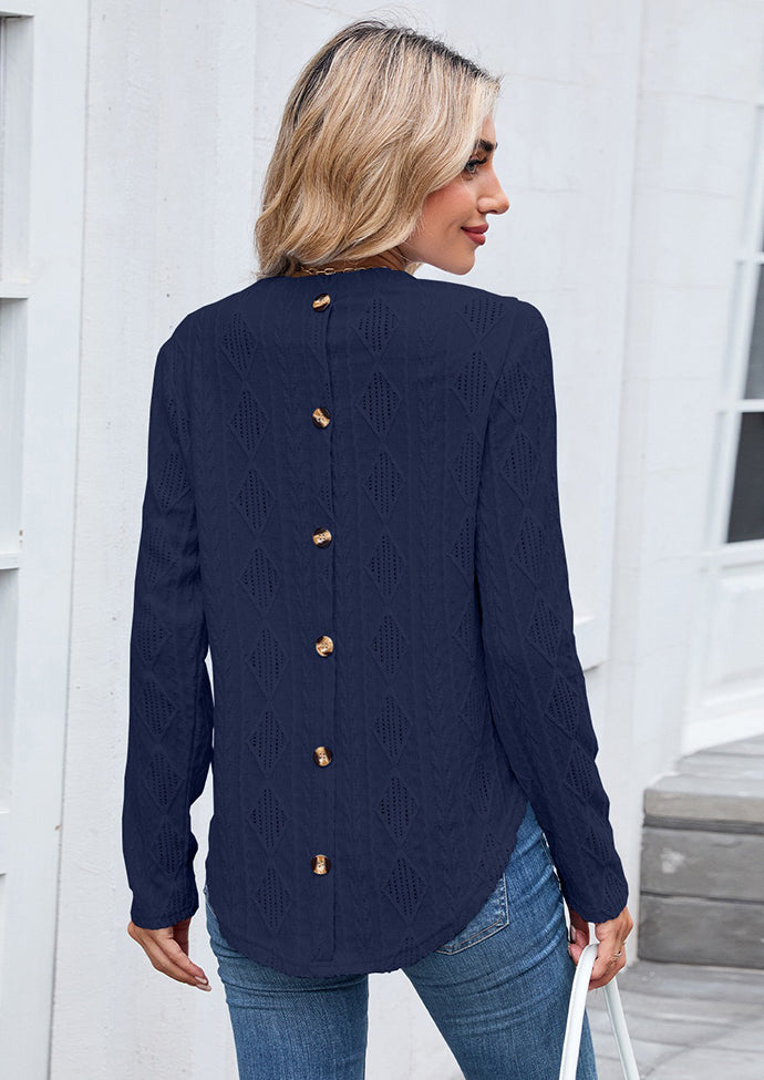 Textured Button Detail Crew Neck Casual T-shirt