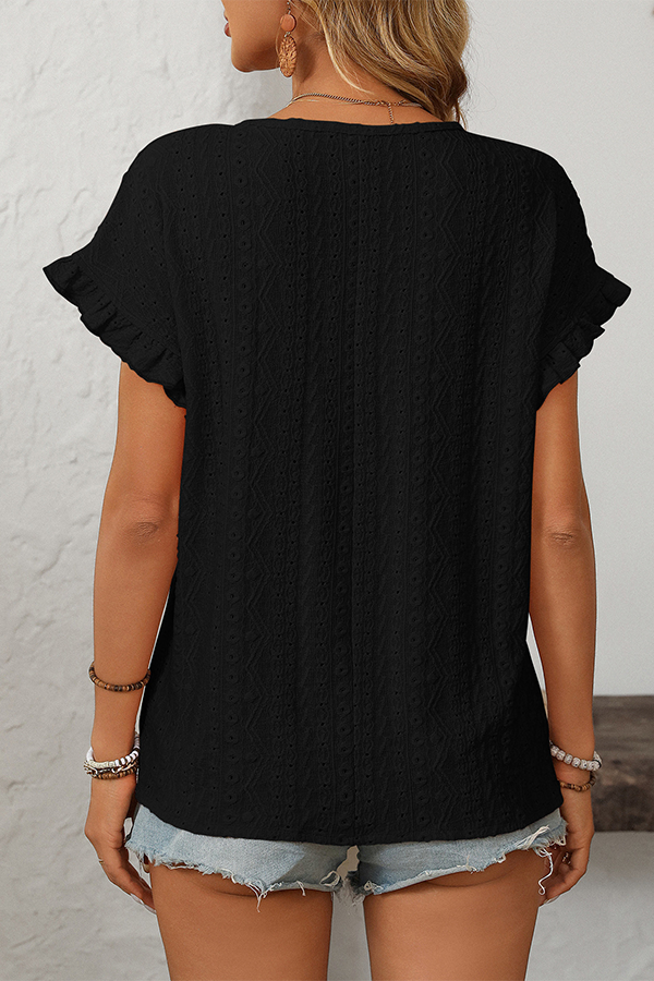 Eyelet Embroidery Ruffled Flutter-Sleeve Blouse - Blouses & Shirts from Cindelily
