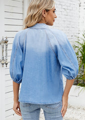 Button Detail Tie Bow Denim Half Sleeve Blouse
