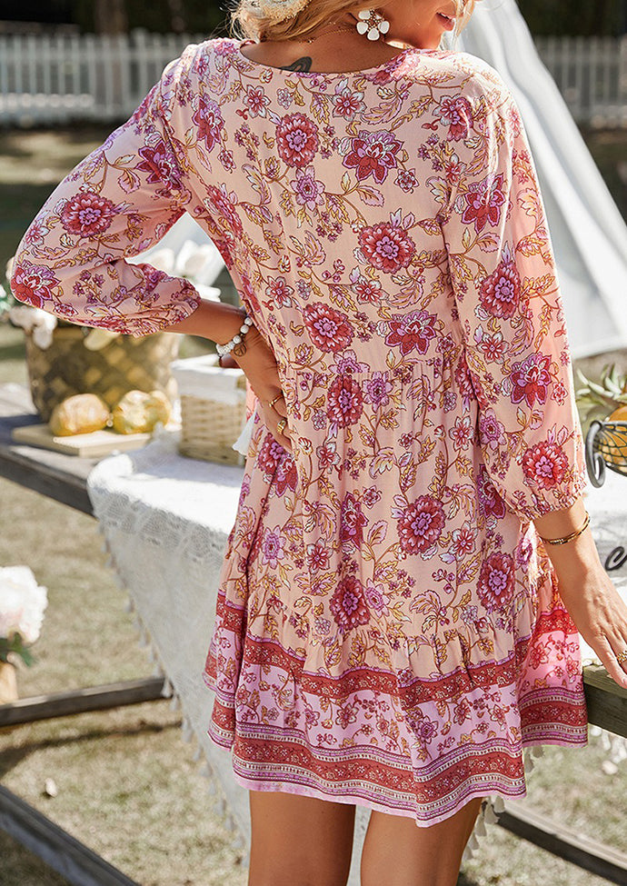 Button Detail Print Boho Mini Dress