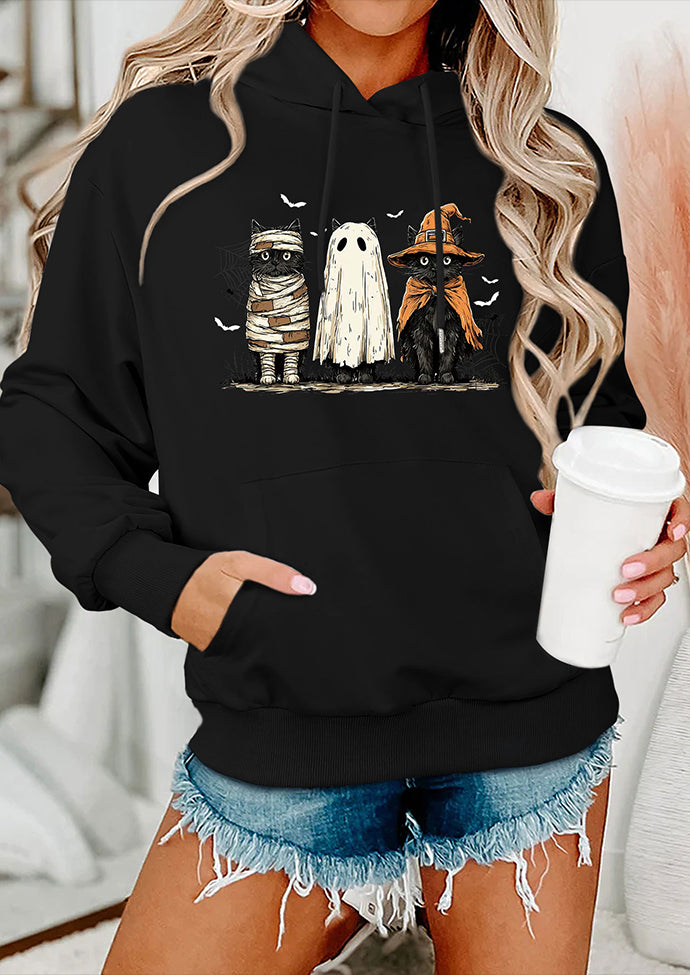 Spooky Cat Print Hooded Casual Sweatshirt