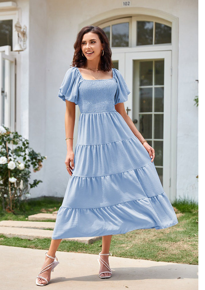 Square Neckline Puff Sleeve Smocked Maxi Dress