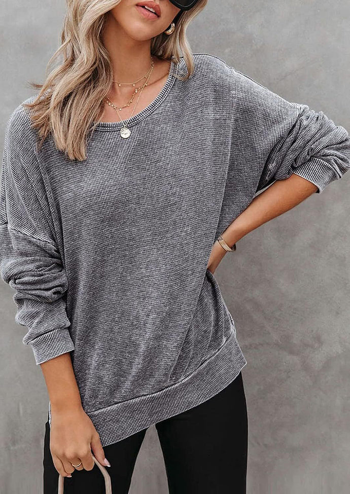 Crew Neck Side Split Waffle Sweatshirt