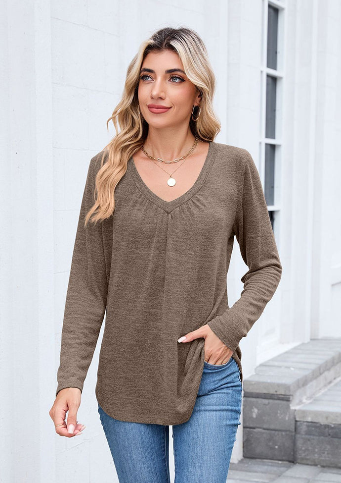 V-neck Pleated Solid Long Sleeve T-shirt