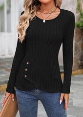 Crossed Hem Button Detail Textured Casual T-shirt