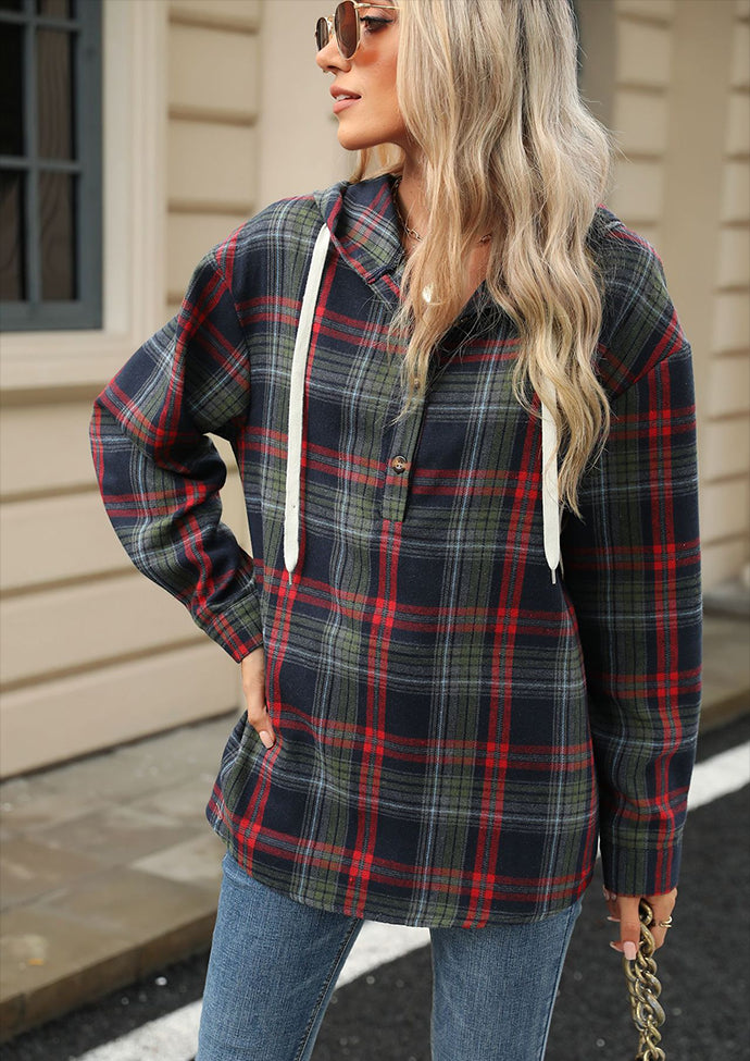 Plaid Button Up Hooded Tie Detail Casual Blouse